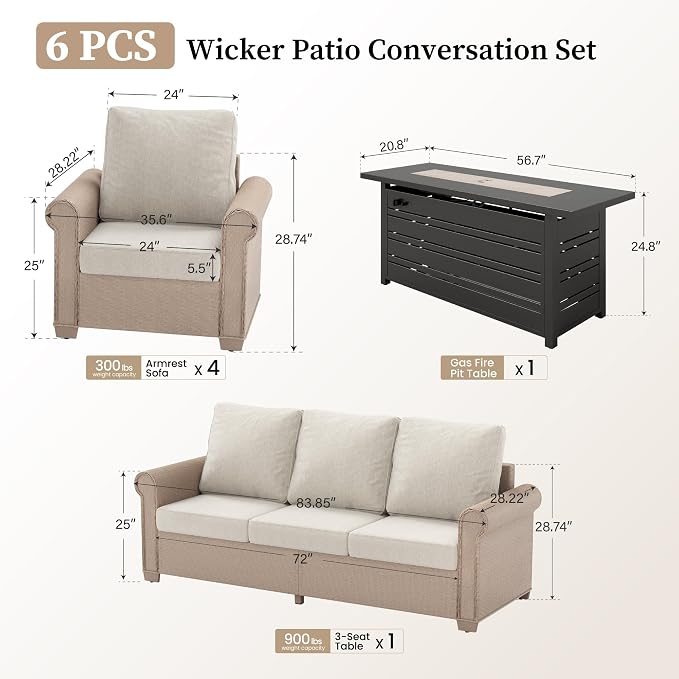 SUNSHINE VALLEY Patio Furniture Set 6 pcs, Wicker Rattan Sofa and Chairs with 5.5" Thick Waterproof Cushions, 56" Fire Pit Table, All Weather Outdoor Conversation Set for Backyard Deck, 7 Seats Beige