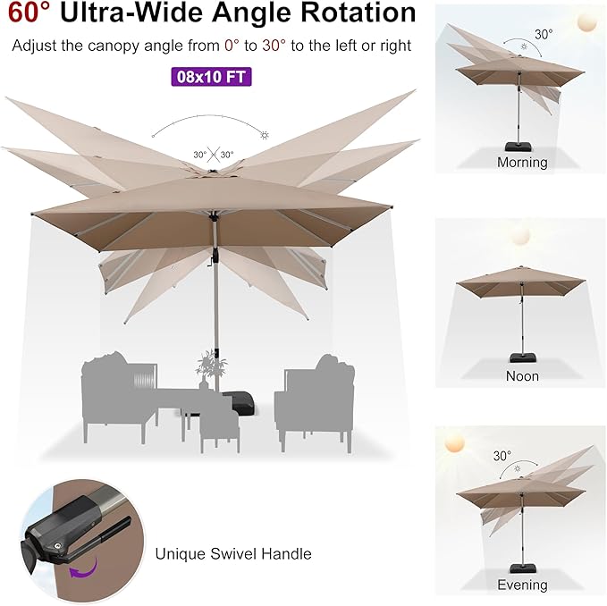 PURPLE LEAF 8' X 10' Left-right Tilting Patio Umbrella with Base Outdoor Swivel Cantilever Offset Aluminum Umbrella with Champagne Frame and 360-degree Rotation for Garden Deck Pool, Taupe