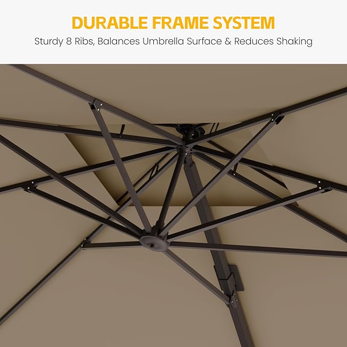 VEGOND 10x13 FT Patio Cantilever Umbrella with Base, Rectangular Heavy Duty Offset Umbrella for 8-10 People, 360°Rotation & Mult Tilt, Double Top Design, for Pool Garden Deck (Tan)