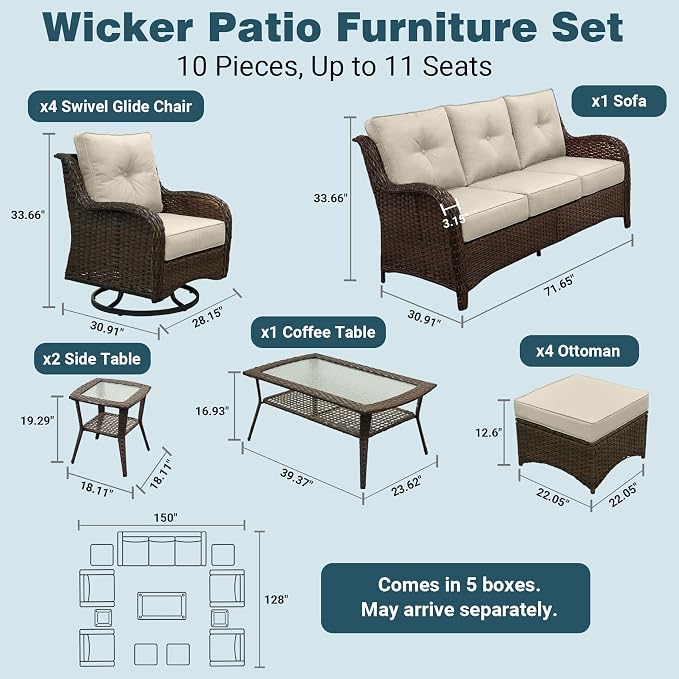 Patio Furniture Set, 12PCS Outdoor Wicker Conversation Set with 6" Thick Cushions, High Back Rattan Sofa & Swivel Rocker Chairs, Weather Resistant Olefin Fabric for Garden, Poolside, Beige