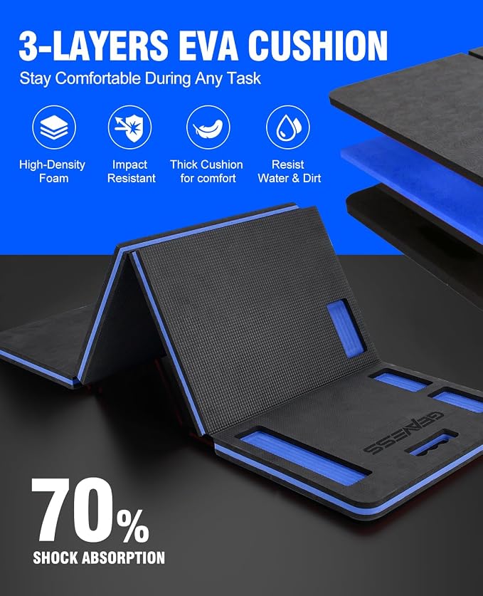 Foldable Foam Kneeling Pad, Mechanic Mat for Ground, 47.2"x15.7"x1.1" | for Gardening, Work, Repairing, Garage, Handle, Tool Tray, Strap, Durable Supportive, Waterproof, Oil Dirt Resistant, Nonslip