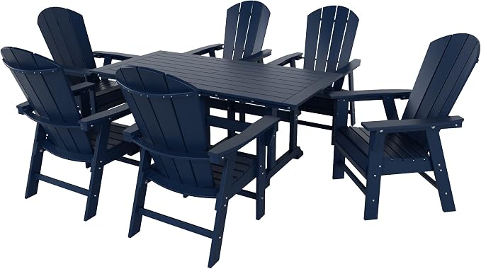WestinTrends Malibu 7 Piece Adirondack Outdoor Dining Set, All Weather Poly Lumber Patio Table and Chairs Furniture Set, 71" Trestle Dining Table and 6 Adirondack Dining Chair, Navy Blue