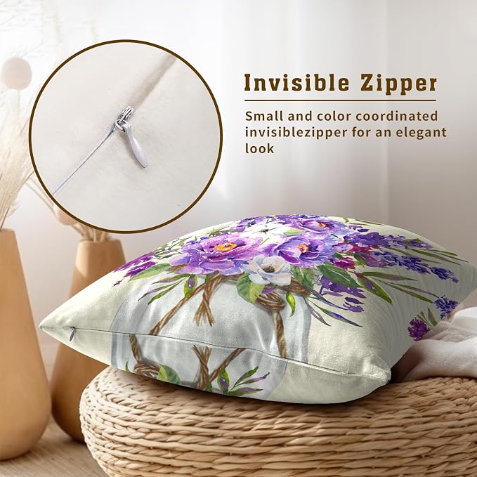 Lavender Flowers Throw Pillow Covers 16 x 16 Inches Set of 2 Rustic Farmhouse Vintage Purple Floral Plant Cotton Linen Pillowcase for Outdoor Sofa Garden Living Room Home Decor