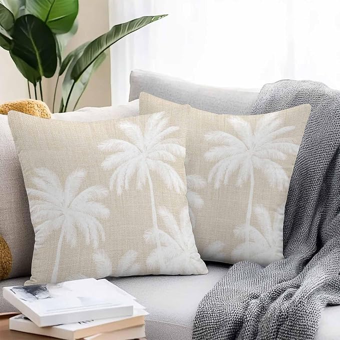 Outdoor Pillow Covers 18x18 Inch Set of 2, Beige Palm Trees Waterproof Throw Pillow Covers, Farmhouse Tropical Summer Beach Decorative Cushion Pillowcases for Couch, Sofa, Bed, Garden, Patio