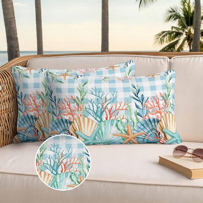 Lumbar Pillow Covers 20x12 Inch Set of 2, Nautical Coastal Waterproof Outdoor Pillow Covers, Summer Beach Shell Coral Seaweed Blue Plaid Decorative Cushion Pillowcases for Couch, Sofa, Bed, Patio