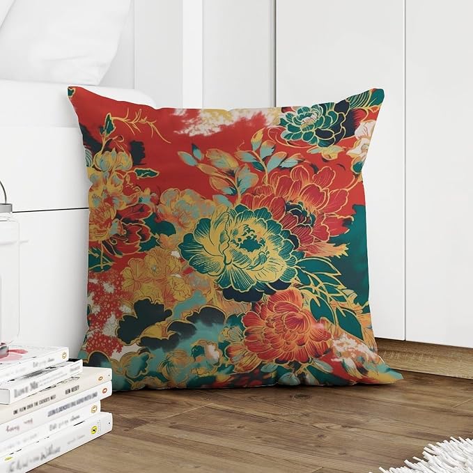 Pillowcase Animal Tiger Stripe Colorful Chinoiserie Cushion Cover Modern Peony Floral Asian Pillow Cover Accent Farmhouse Decor Pillow for Patio Couch Tent Sofa 16x16 in