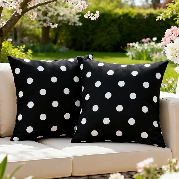 SquarePie Pack of 2 Outdoor Pillow Covers, Waterproof Decorative Throw Pillowcase Shell, Garden Cushion Shams Cases for Spring Patio Couch Balcony Bench,18x18 inch Black Polka Dot