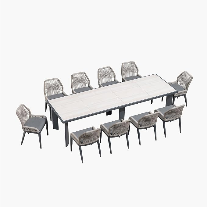 PURPLE LEAF 11 Pieces Patio Dining Set Aluminum Oversize Rectangular Table and Wicker Chairs with Cushions for Kitchen Porch Garden Modern Outdoor Furniture Sets, Beige and Dark Grey