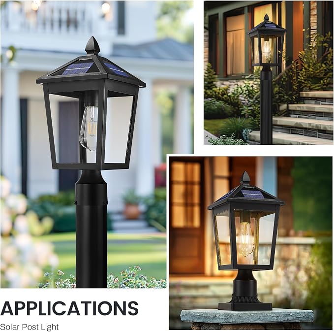 zeyu 17 Inch Solar Outdoor Post Light, Outdoor Lamp Post Light Fixture with Remote, Die-Cast Aluminum with Clear Glass Shade, Black Finish, ZYX115P-SL BK
