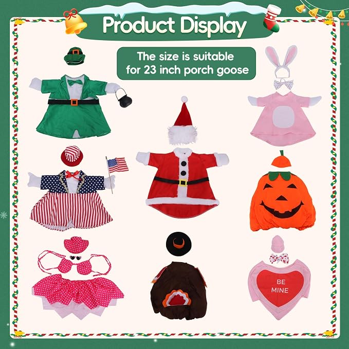 8 Set Porch Goose Outfits, Porch Goose Holiday Outfit, Christmas Fall Halloween Summer 4th of July Easter St. Patrick Valentine's Day Lawn Porch Goose Clothing for 23" Lawn Goose Patio Yard Decor