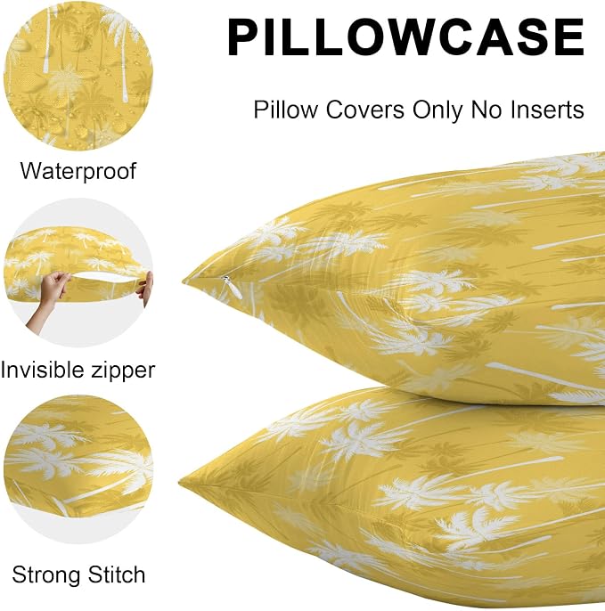 Throw Pillow Covers 20x20 Inch Set of 2, Tropical Palm Tree Waterproof Outdoor Pillow Covers, Yellow White Plants Coastal Leaf Beach Decorative Cushion Pillowcases for Couch, Sofa, Bed, Garden, Patio