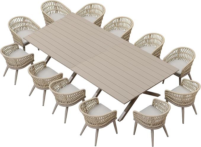 PURPLE LEAF 14 Pieces Outdoor Dining Set All-Weather PE Rattan Outdoor Patio Furniture Set with All Aluminum Frame Rectangular Table and Chairs Set for Lawn Garden Backyard Deck, Champagne
