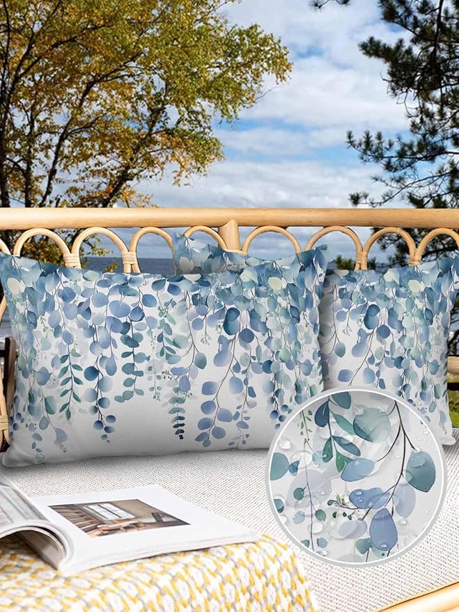 Outdoor Waterproof Pillow Covers Blue Eucalyptus Leaves Set of 2 Decorative Outdoor Pillowcases Watercolor Plant Leaf Cushion Cases for Patio Funiture Garden Couch Bench 12 x 20 Inches