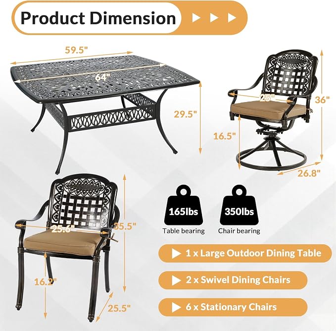 9 Piece Outdoor Patio Dining Set for 8, Cast Aluminium Large Square Dining Table & 2 Swivel Rocker Chairs, 6 Stationary, 8 Cushions, Umbrella Hole, Patio Furniture Set for Garden, Khaki