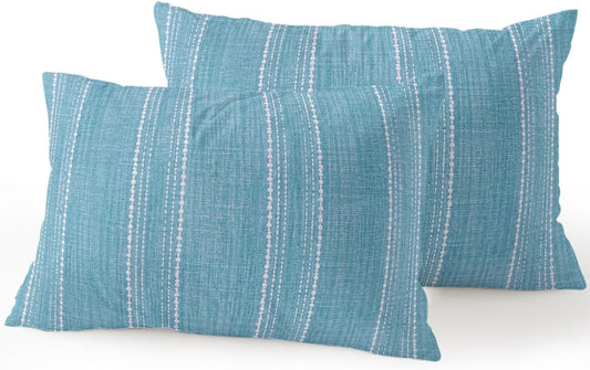 Waterproof Outdoor Pillow Set of 2 Blue Linen Stripes Decorative Throw Pillows Cover & Insert 20x12 Inch Lumbar Pillowcase Parallel Vertical Lines Pillows for Couch Sofa Bed Patio Furniture