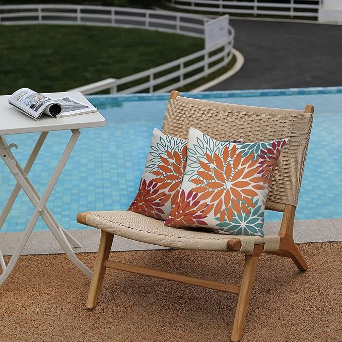 DFXSZ Outdoor Waterproof Pillow Covers 18x18 Set of 2 Orange Teal Flower | Spring Summer Waterproof Flower Throw Pillowcases（No Inserts）Outdoor Decor for Fall Patio Funiture Garden Polyester Covers