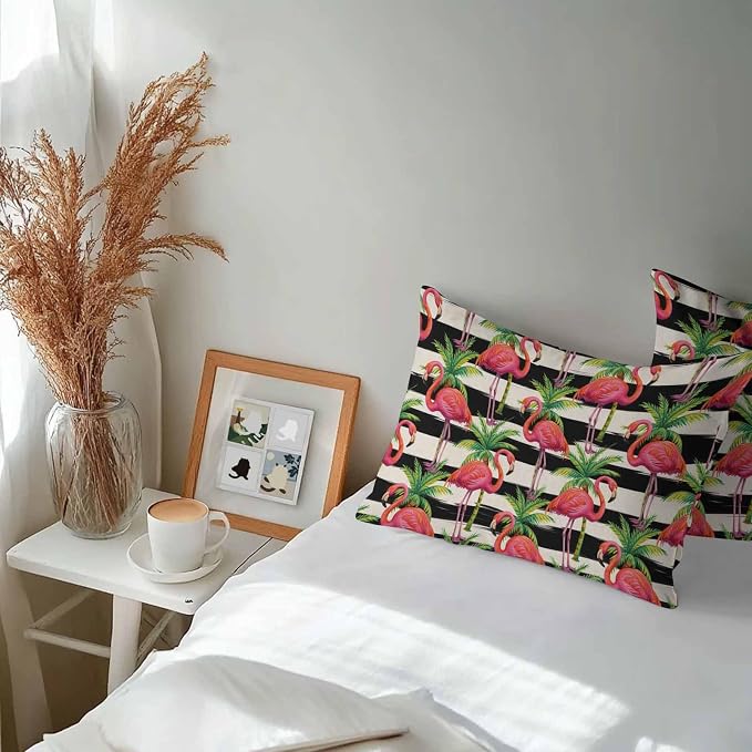 Vandarllin Outdoor Throw Pillows Covers 20x12 inch Set of 2 Waterproof Flamingo Decorative Zippered Cushion Covers for Patio Furniture, Tropical Palm Leaves Black Stripe Linen Lumbar Pillowcases