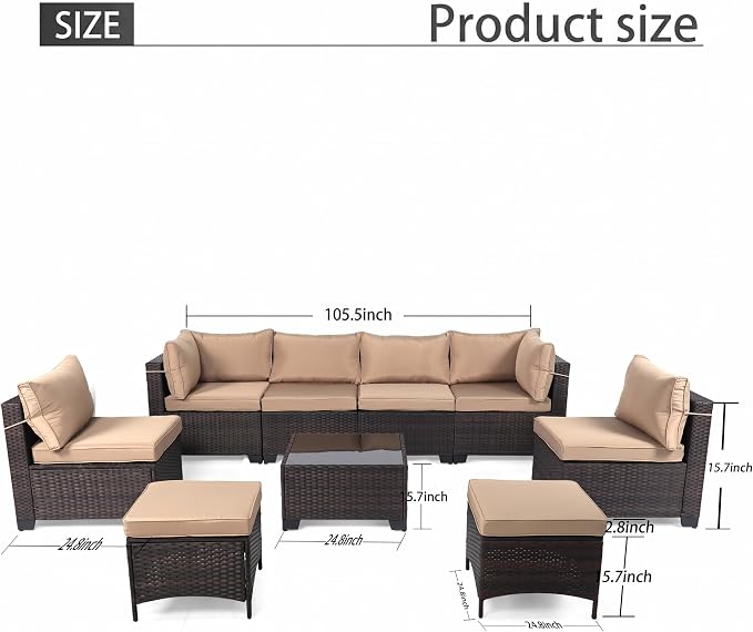 CHABATREE 7-Piece Outdoor Patio Furniture Sets, Manual Weaving Rattan Conversation Sectional Sofa with Tempered Glass Coffee Table, All-Weather PE Wicker & Thick Cushions for Garden, Backyard, Porch