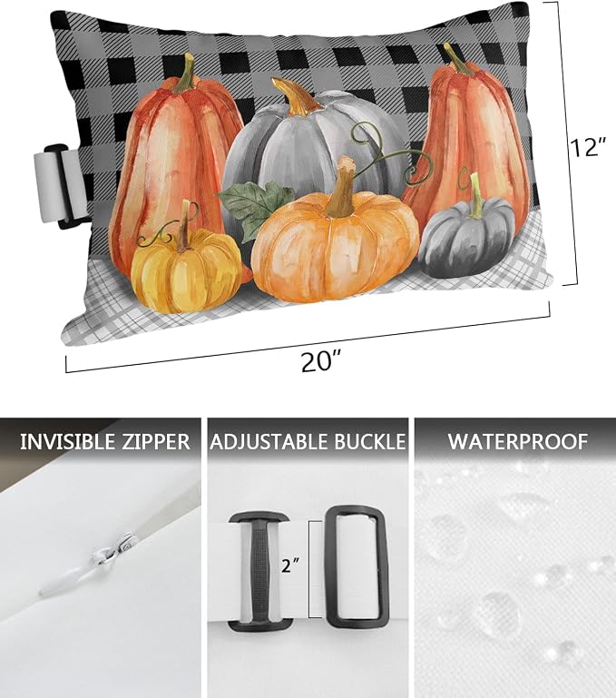 Outdoor Pillows Covers with Inserts Fall Pumpkin Black Gray Lattice Waterproof Recliner Pillow with Adjustable Strap Throw Pillows for Patio Furniture Pool Lounge Chair, 12x20 inch, 1PCS