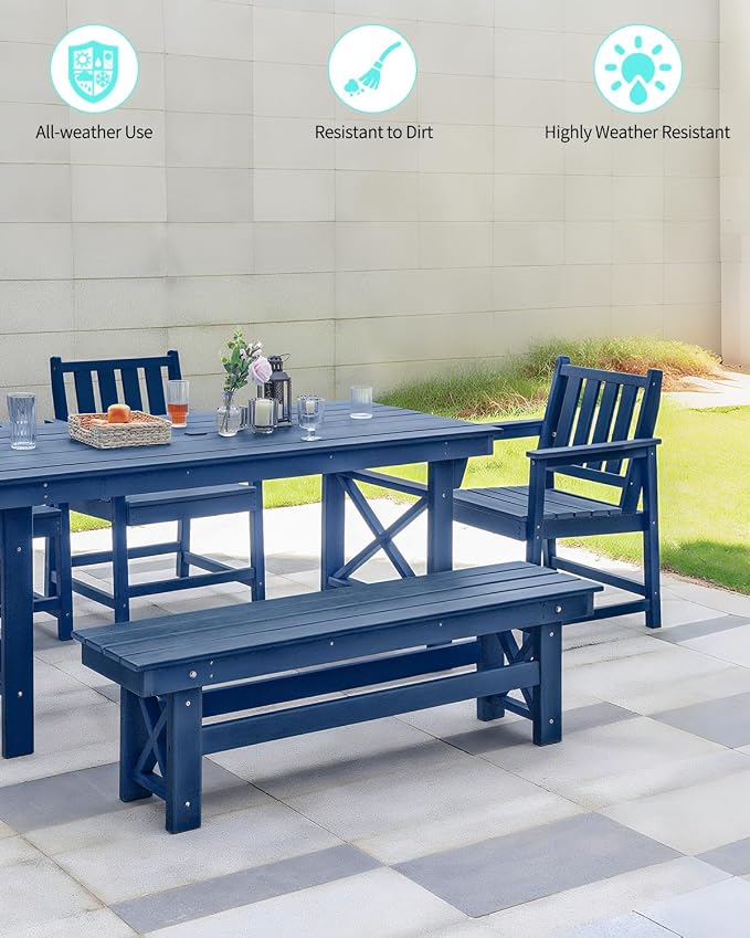 Outdoor Patio Dining Set for 6, HDPE Dining Furniture Set with Umbrella Hole Cut-Out Table and 4 Chairs and 1 Bench, All Weather Outdoor Dining Bench Sets for Garden, Deck, Navy Blue