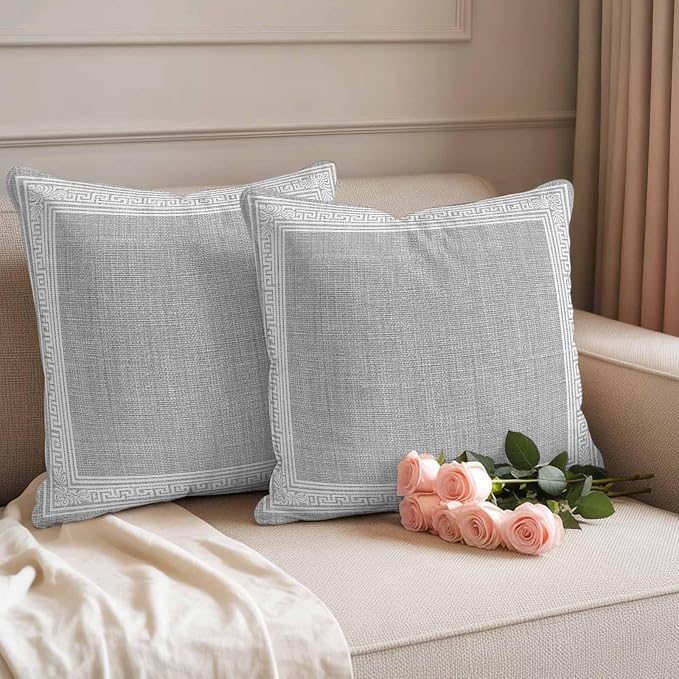 Grey Retro Greek Key Waterproof Outdoor Pillow Covers Set of 2 Home Decor, Geometric Greece Ancient Rustic Pillowcase Patio Pillow Covers for Couch Bench Furniture Garden 18x18in