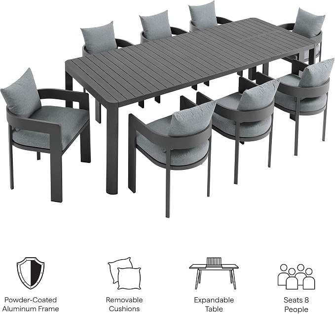 Modway Tahoe Aluminum 9-Piece Patio Dining Set in Gray Gray