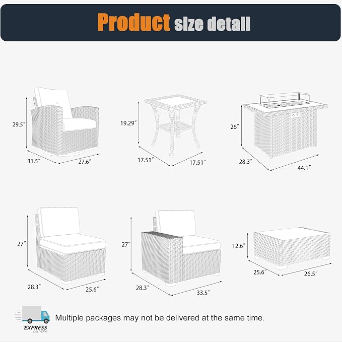 Patio Furniture Set with Fire Pit Table, 10 Pieces Outdoor All-Weather Wicker Conversation Sectional Chair Sofa Set with 2 Swivel Chairs