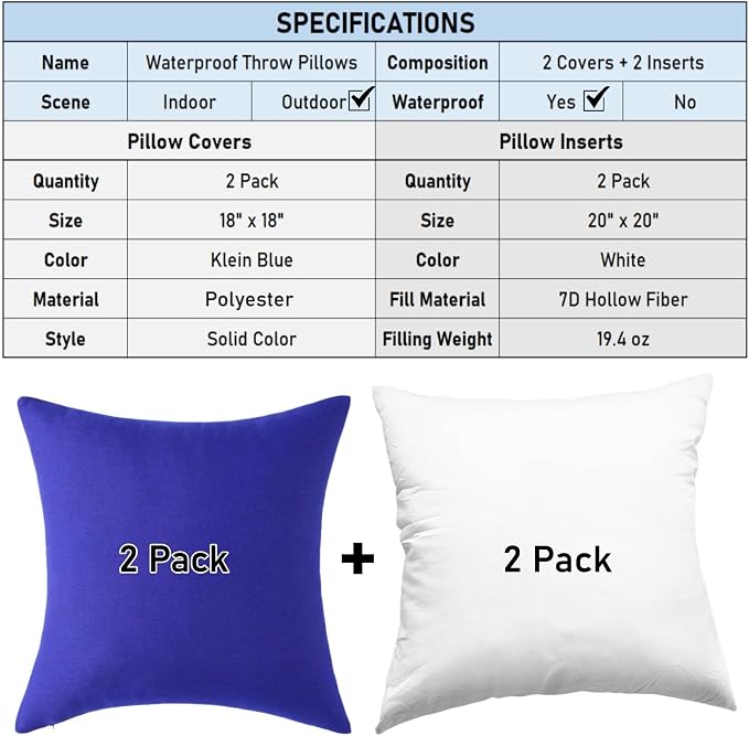 Outdoor Throw Pillows with Inserts, Waterproof Pillows for Outdoor Seating, Square Decorative Garden Cushion for Patio Furniture, Bed, Couch, Sofa(Klein Blue, 18" x 18" (Pack of 2))