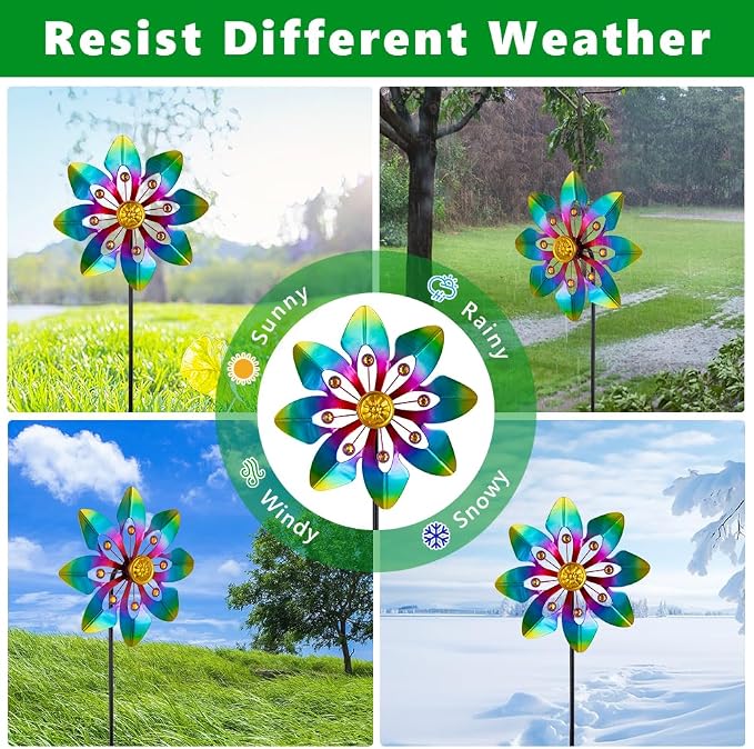 VEWOGARDEN 2 Pack Wind Spinners Outdoor, Metal Wind Spinner with Flower Design for Yard Garden Lawn Decorations, Colorful