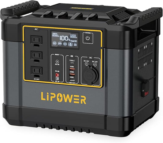 Lipower 1200W Portable Power Station, 1075Wh Solar Powered Generator AC Outlets(2000W Peak) with PD USB Ports, Electric Generator for Camping, Power Supply, Home Use, Emergency, Road Trip