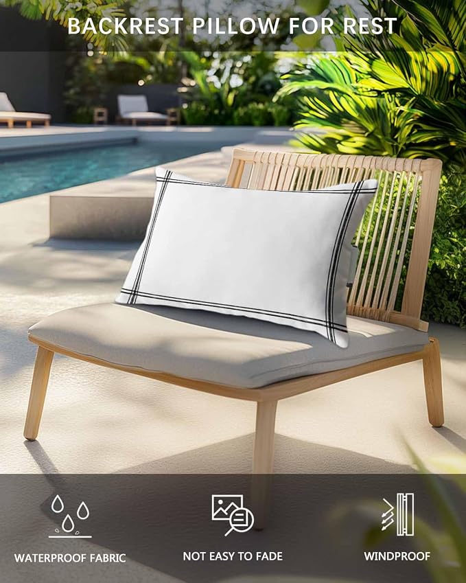 Outdoor Pillow for Lounge Chair with Strap & Insert Solid Color Recliner Head Pillow White Waterproof Headrest Patio Lumbar Pillows for Beach Pool Office Chaise Chair 12x20 Inch