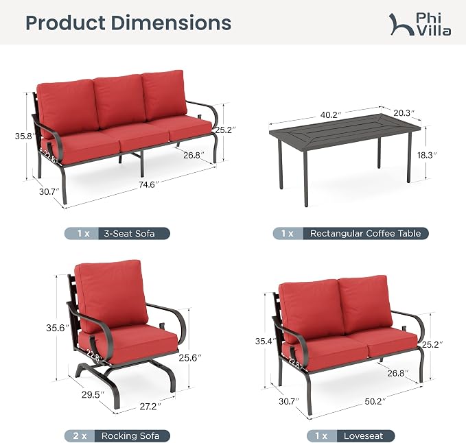 PHI VILLA Patio Furniture Set, a Loveseat, 3-Seater Sofa, 2 Rocking Chairs and a Coffee Table, Outdoor Metal Conversation Set with 5.75" Extra Thick Cushion for Garden Backyard Deck, Red