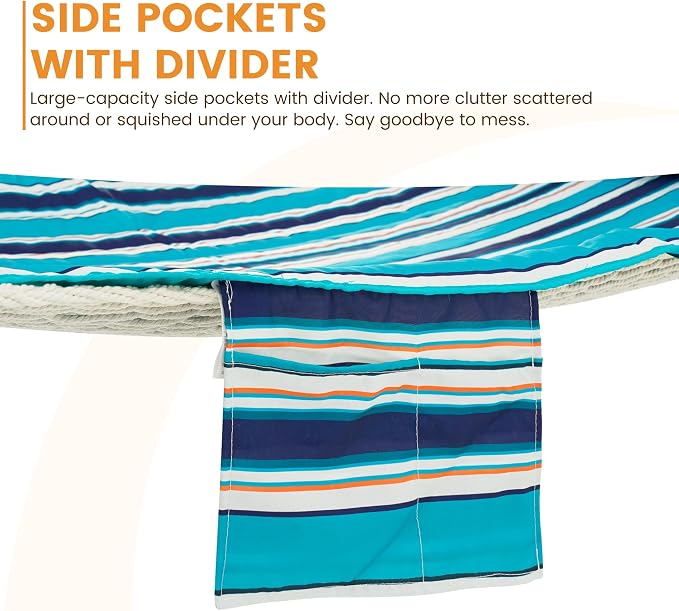 Lazy Daze Hammocks Rope Hammock with Pad, Spreader Bar, Carabiners, Tree Straps, Chains for Outside Patio- Max 450 Lbs, Turquoise Blue Stripes