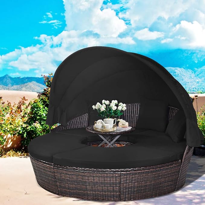 RELAX4LIFE Round Outdoor Daybed with Canopy, Rattan Wicker Sectional Sofa Set w/Cushions, Height Adjustable Table, Conversation Bed Lounger Separated Seating for Outside Pool, Patio Daybed (Black)
