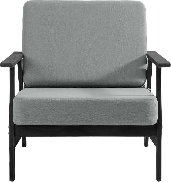 3 Piece Wood Patio Chair Outdoor Bistro Set, Outdoor Armchair All Weather Patio Sofa Furniture Backyard Conversation Sets with Dark Wooden Side Table, Grey