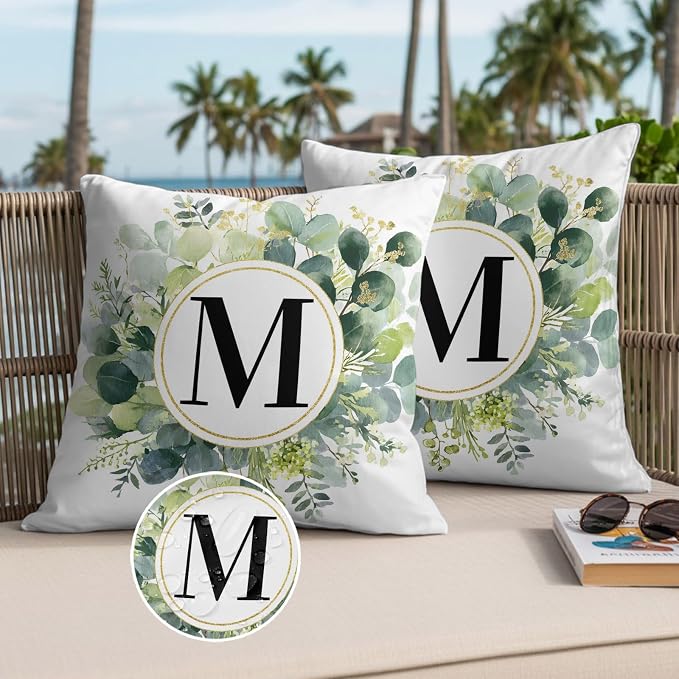 Letter M Waterproof Outdoor Pillow Covers Set of 2 Home Decor, Alphabet Green Eucalyptus Leaves Pillowcase Patio Pillow Covers for Couch Bench Patio Furniture Garden 16x16in