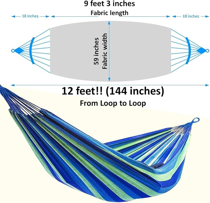 XL Double Brazilian Hammock 260x150cm - Soft Cotton Fabric for 2 People - Ideal for Backyard, Patio, Porch - Indoor/Outdoor Swing Bed with 2 Hanging Ropes Blue