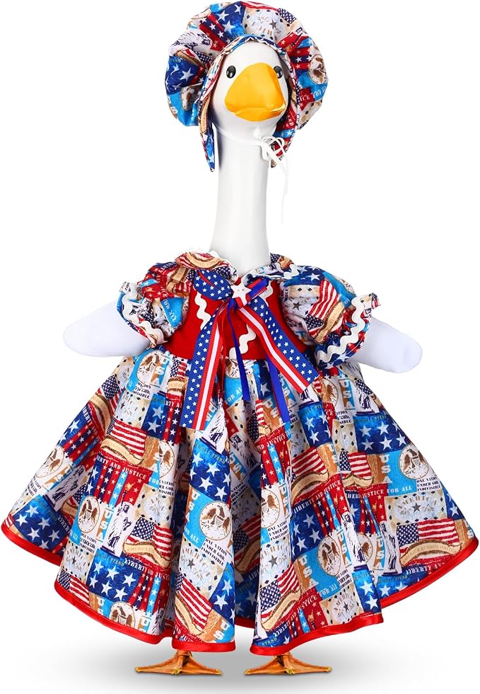 Abbylike 4th of July Porch Goose Outfit Patriotic American Flag Red Blue White Lawn Goose Clothes Fits 23 Inch Cement Statue Geese Costume for 250th Independence Day Outdoor Garden Yard Patio Decor