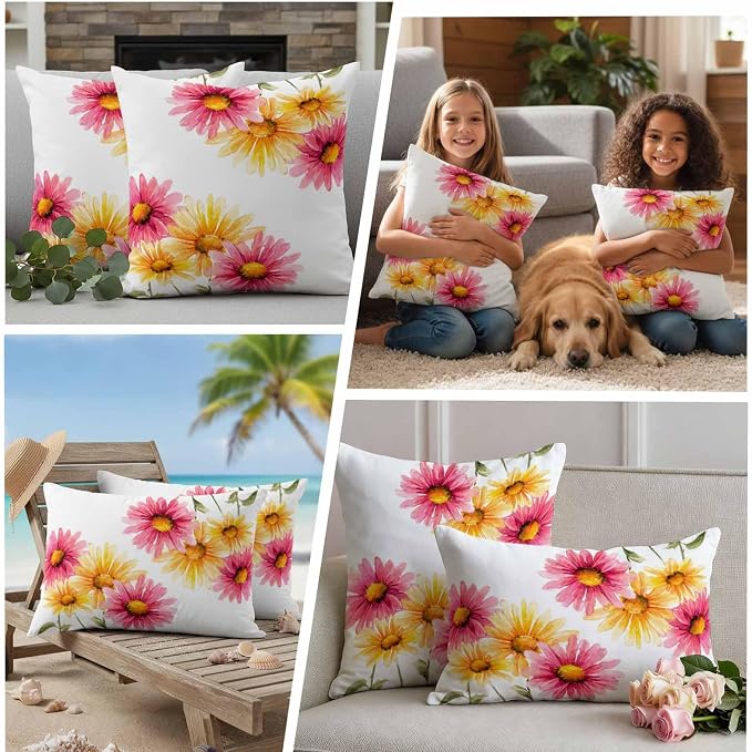 Yellow Pink Daisy Outdoor Pillow Covers 20"x12" Set of 2, Rustic Farmhouse Boho Wildflowers Waterproof Throw Pillow Covers for Patio Furniture, Decorative Cushion Covers for Porch