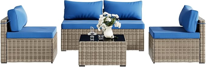 Tradare 5 Piece Patio Furniture Set, Outdoor Wicker Patio Sofa Set, PE Rattan Sectional Couch with Glass Table and Blue Cushions, All-Weather 5 Piece Outdoor Patio Furniture Sets, Grey