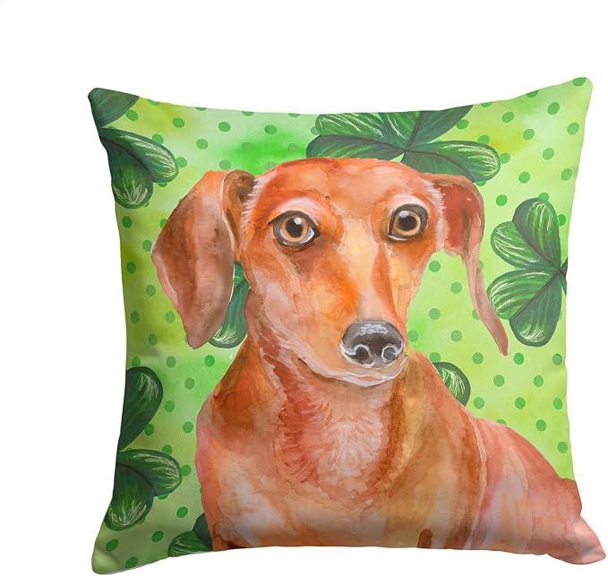 Caroline's Treasures BB9881PW1414 Red Dachshund St Patrick's Fabric Decorative Pillow, Green Machine Washable, Indoor Outdoor Decorative Pillow for Couch, Bed or Patio, 14Hx14W