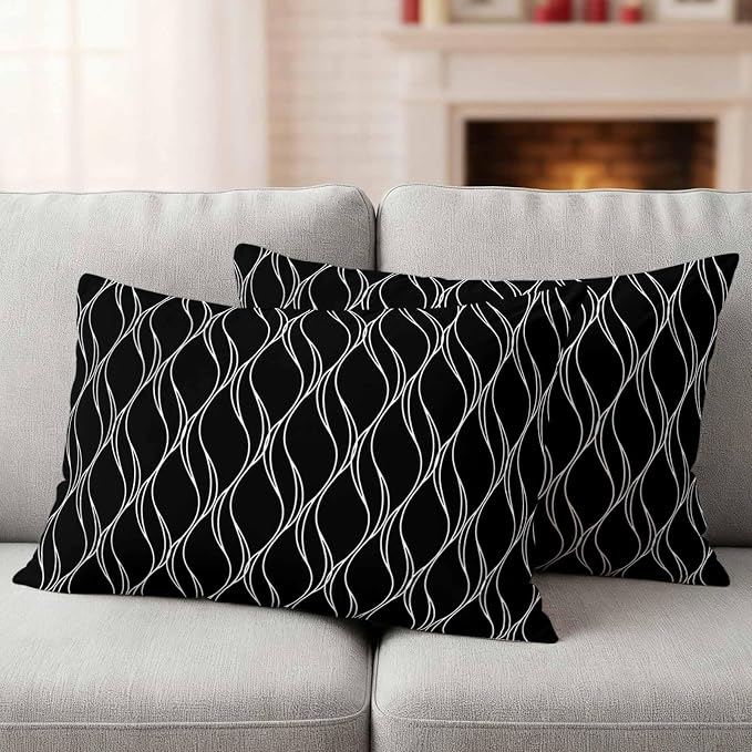 Outdoor Pillow Covers Waterproof, Black Gold Wave Abstract Art Foil Print Pattern All Weather Cushion Case Set of 2, White Thin Line Lumbar Pillowcase for Sofa Couch Bed Decor Patio Furniture 20"x12"