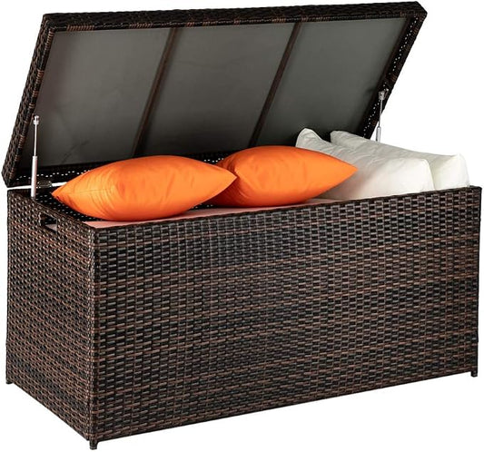 Henf Large 132 Gallon Outdoor Wicker Storage Box Patio Rattan Storage Deck Box, All Weather Patio Furniture Storage Organizer for Storing Tools, Accessories and Toys (Brown)