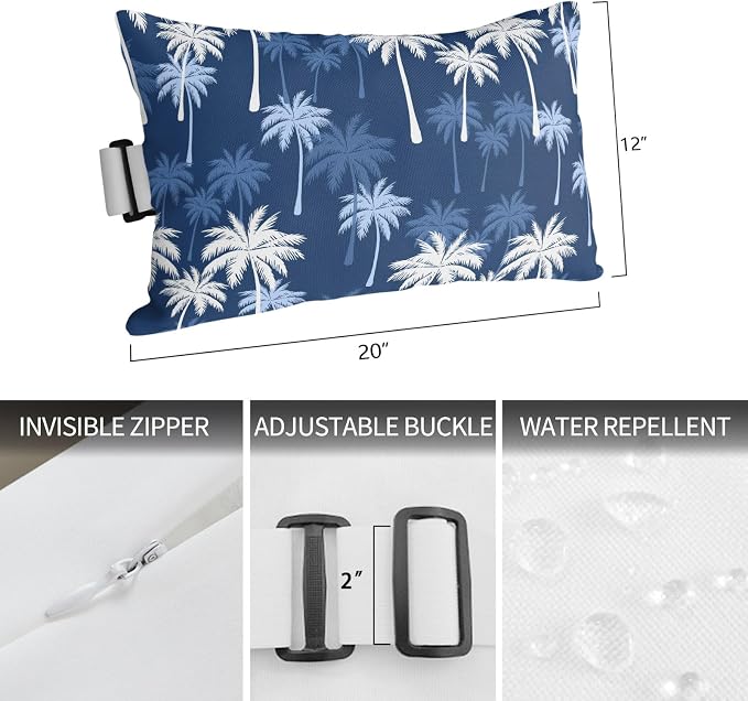 Tropical Palm Tree Outdoor Pillows for Chaise Lounge Chair Waterproof Lumbar Pillows with Insert&Adjustable Elastic Strap Beach Headrest Pillow Navy Blue White Plants Coastal Leaf Pool Pillow 12"x20"