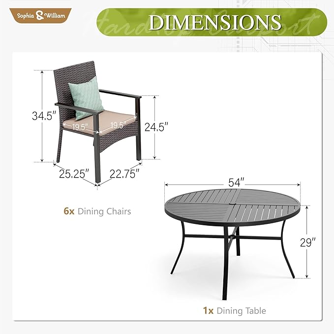 Sophia & William 7 Pieces Round Patio Dining Set for 6, Metal Patio Table and Rattan Chairs Set for Outside, All Weather Outdoor Dining Set with 1.6" - 2" Umbrella Hole