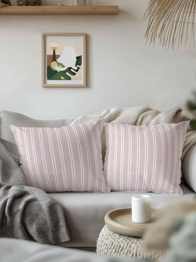 Waterproof Outdoor Pillow Set of 2 Red Linen Striped Decorative Throw Pillows Cover & Insert 16x16 Inch Pillowcase Vertical Stripes Lines Pillows for Couch Sofa Bed Patio Furniture Indoor Outdoor