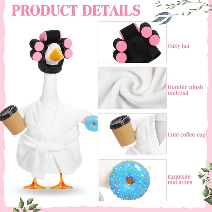 Shyyween Winter Goose Outfit Lady Porch Goose Outfit for 23'' Cement Plastic Geese Statue Clothes White Bathrobe Curlers Coffee Cup for Outdoor Garden Lawn Yard Patio Decoration