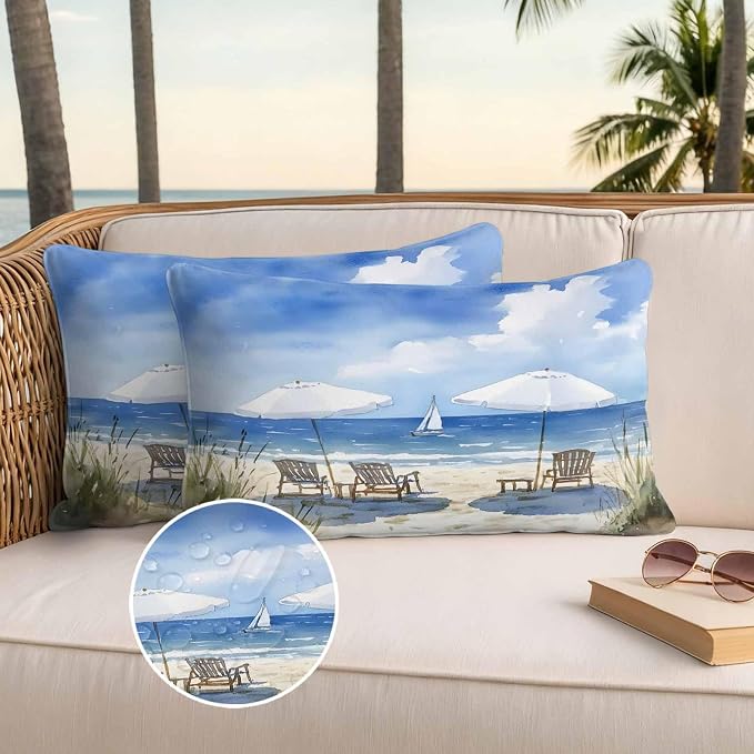Watercolor Summer Beach Outdoor Waterproof Throw Pillow Covers Set of 2, 20"x12", Sun Umbrella Beach Chair Decorative Pillow Covers Outside Cushion Case for Patio Porch Garden