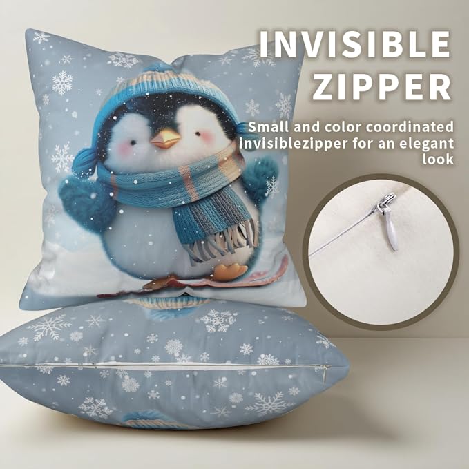 Winter Pillow Covers 20x20 Set of 2 Adorable Skiing Penguins Throw Pillow Covers Snowflakes Pillow Case Double Sided Printing Cushion Case for Home Decor Couch Sofa