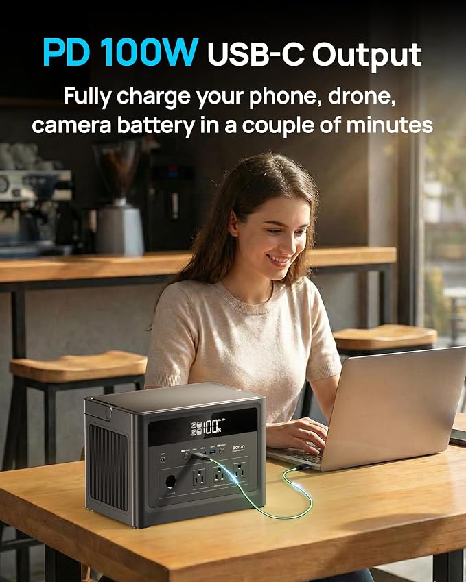 DaranEner 576Wh Solar Generator 600W, Portable Power Station with 100W USB-C PD Output, 110V Pure Sine Wave AC Outlet Backup LiFePO4 Battery for Outdoors Camping, Home, Emergency, RVs (Peak 1200W)